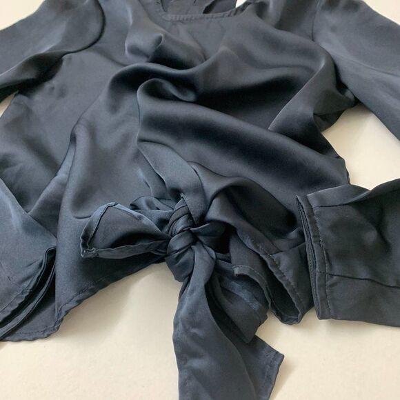 Parker Jacquard Satin Blouse Top Front Tie Black - Picture 6 of 10